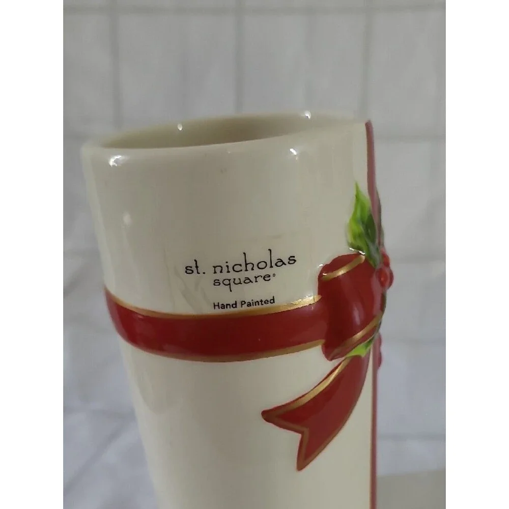 St. Nicholas Square Cream Mug with Red Bow Accents